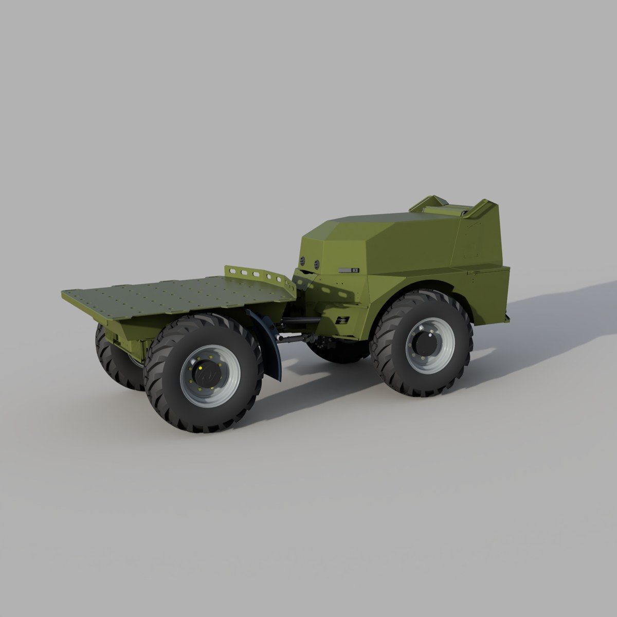 CERBERUS armored-cab flatbed variant in military livery — CAD render
